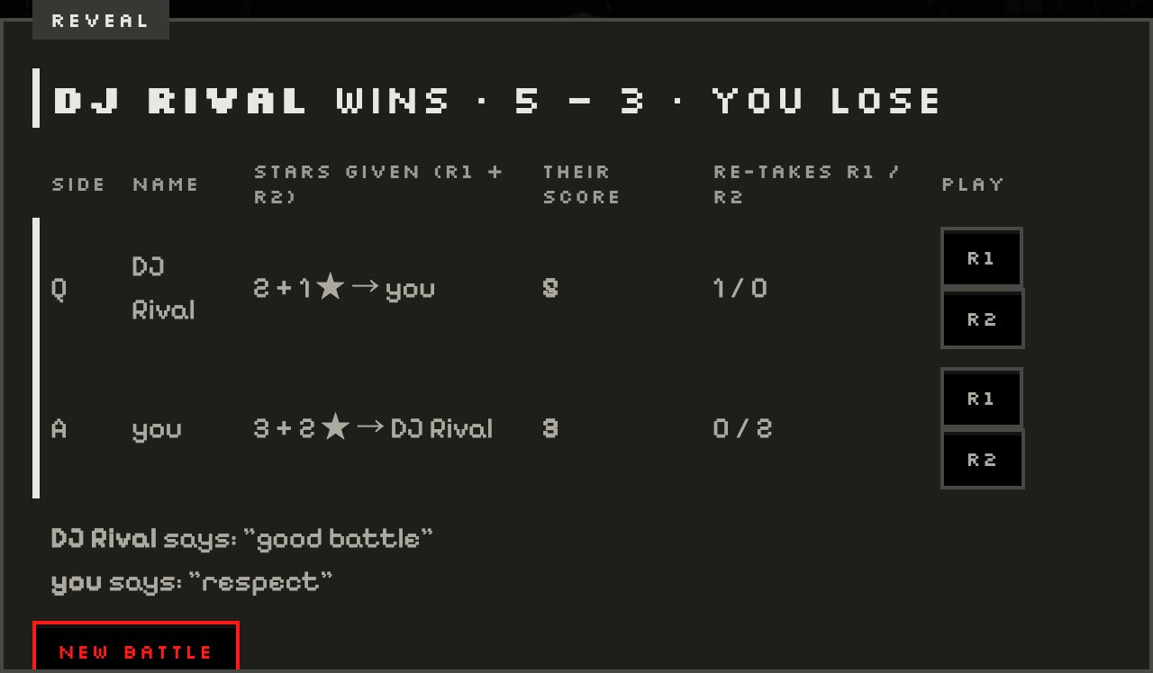 Reveal screen showing the winner, stars given, re-takes and replay buttons